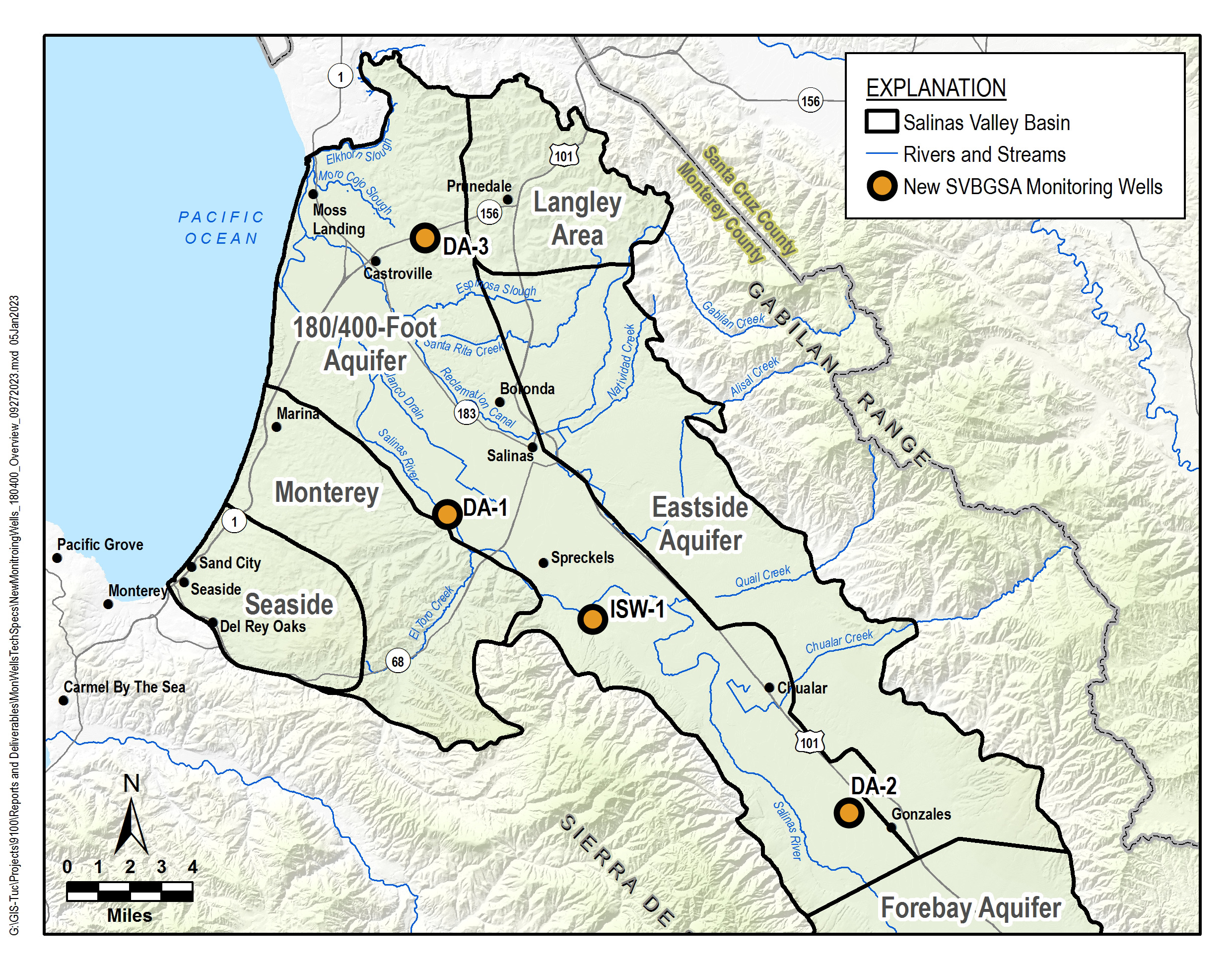 A map of the four monitoring wells in the Salinas Valley Groundwater Basin