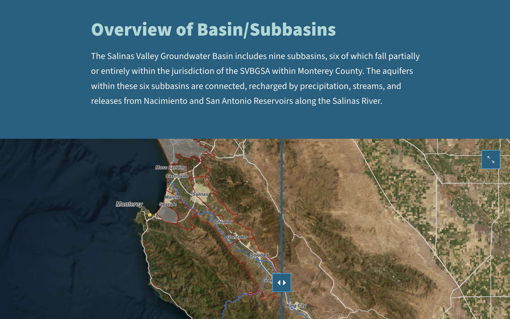 Overview of Basin/Subbasins Map still of an Interactive map feature for the salinas Valley
