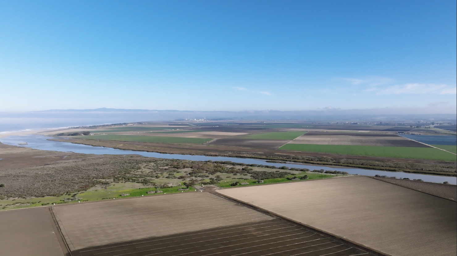 Aerial view of the Salinas river and farmland